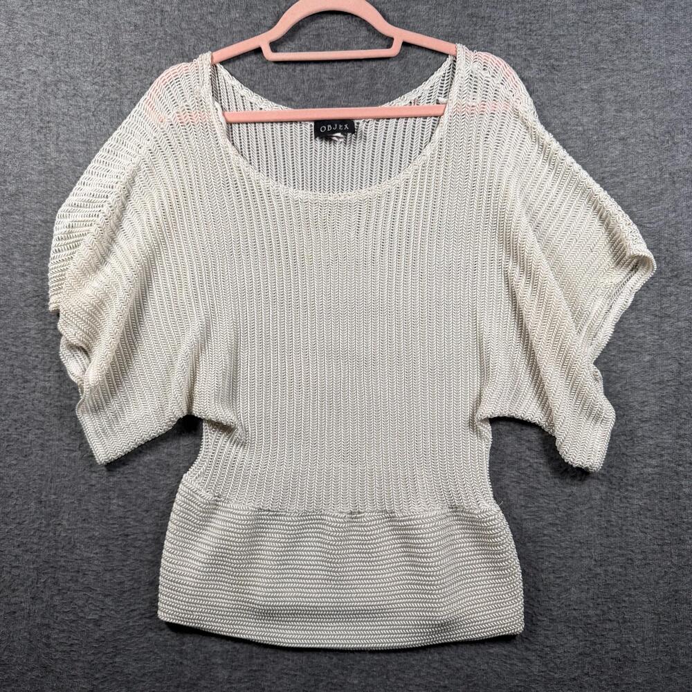 Vintage 80s OBJEX Open Knit Sweater Top XL White Dolman Batwing Made USA BOHO